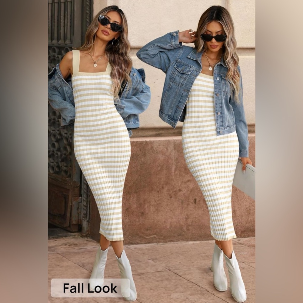 NWT Stylish Beige and White Striped Midi Dress